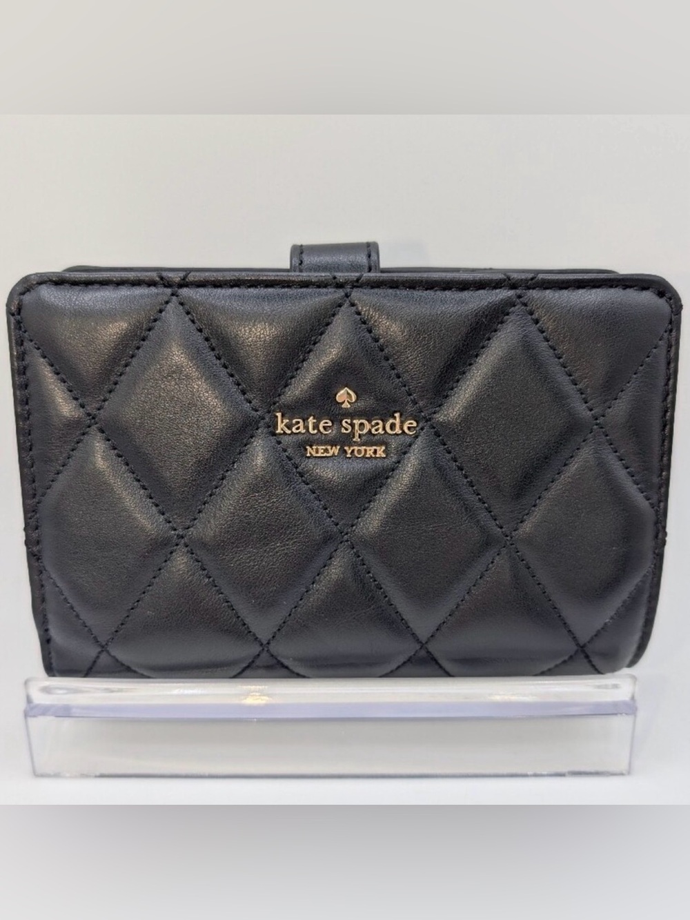 Kate Spade Carey Black Quilted Leather Bifold Wallet Gold Logo - NWOT